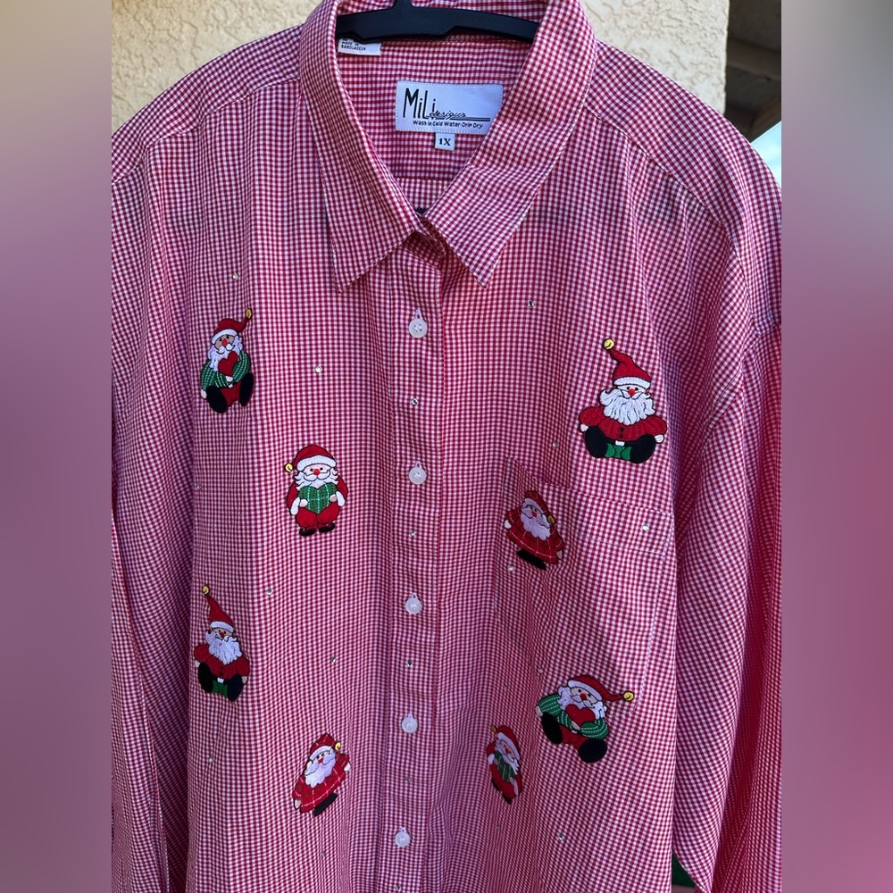 Mili Designs Red Christmas Gingham Santa Embellished Button Up Shirt Sz 1X - Picture 3 of 11
